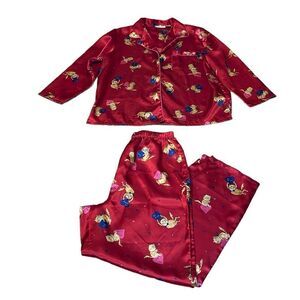 Red Satin Cat PJs, 2 piece Pajamas, hearts, cats, Lg